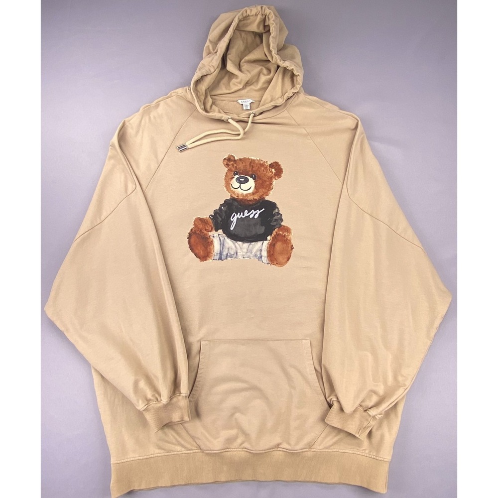 Guess Hoodie Mens One Size Tan Bear Graphic Oversized Streetwear Casual